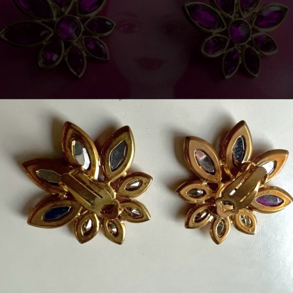Vintage disco era hot pink stars-like zirconia clipped earrings - Picture 3 of 14
